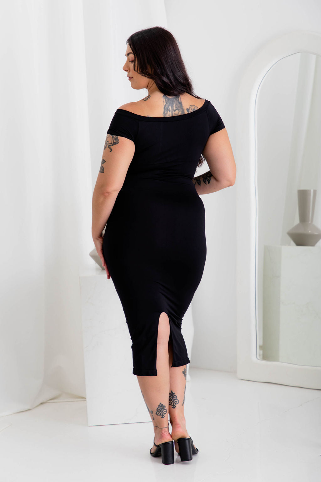 Off Shoulder Midi Black Shaper Dress