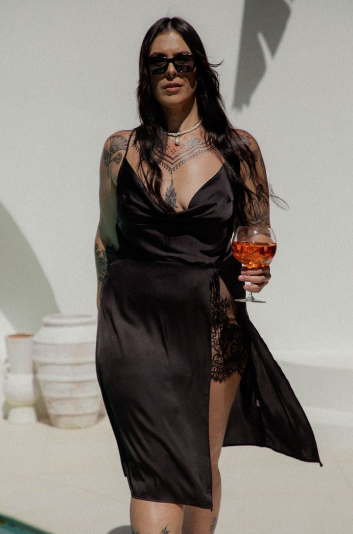 Amara Black Satin + Lace Dress - Naked Curve