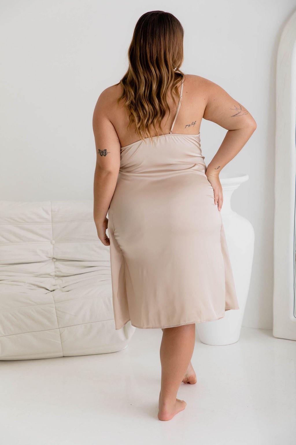 Amara Champagne Satin + Lace Dress - Naked Curve