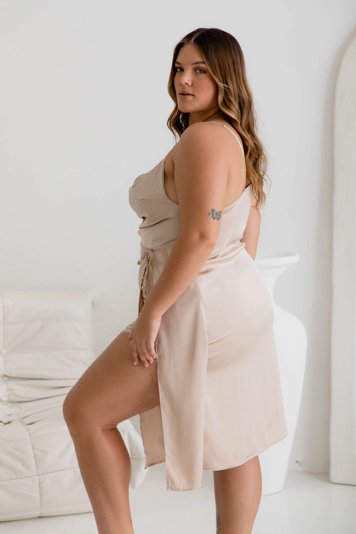 Amara Champagne Satin + Lace Dress - Naked Curve