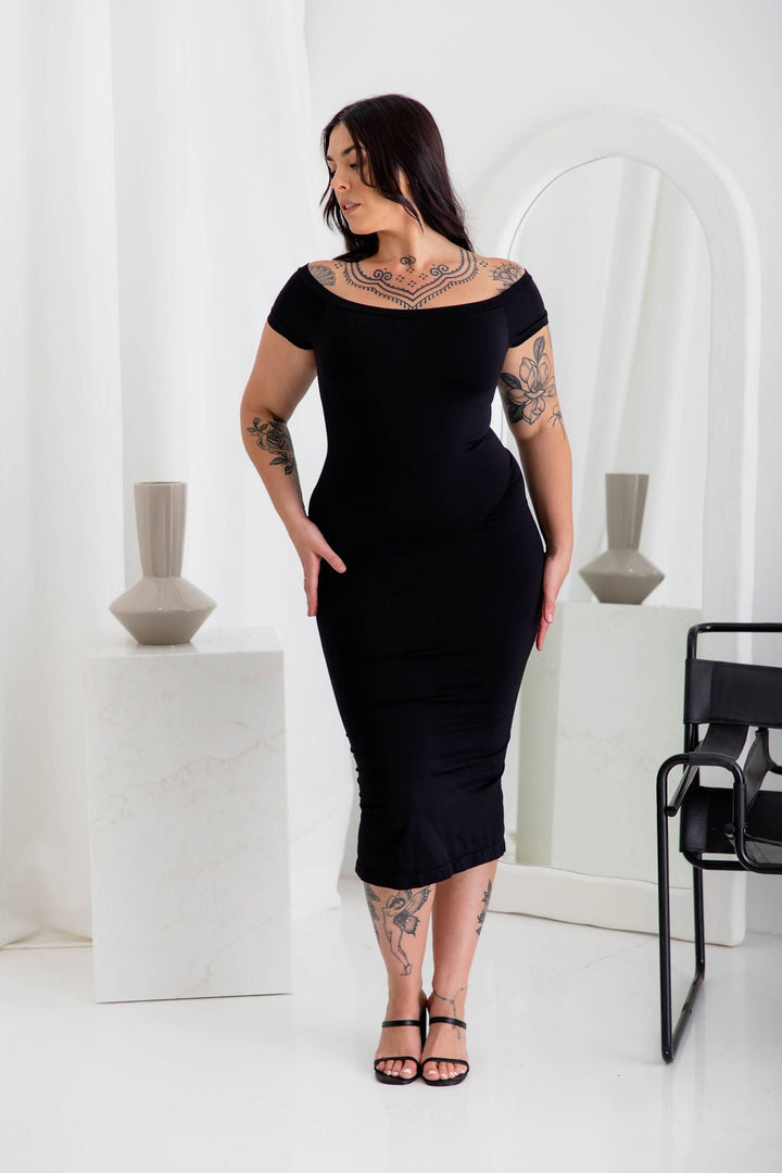 Off Shoulder Midi Black Shaper Dress - Bodysuit - Naked Curve