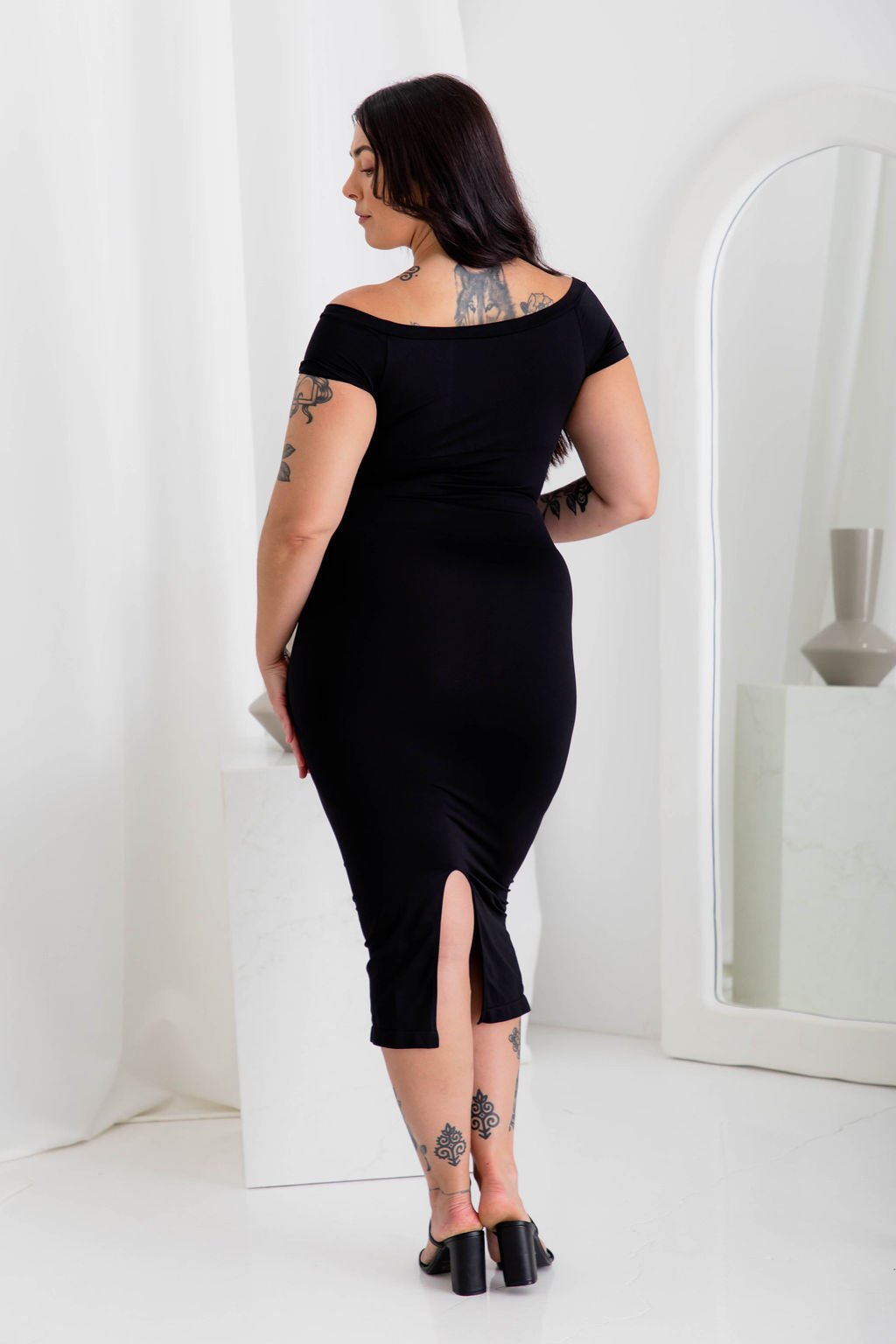 Off Shoulder Midi Black Shaper Dress - Bodysuit - Naked Curve