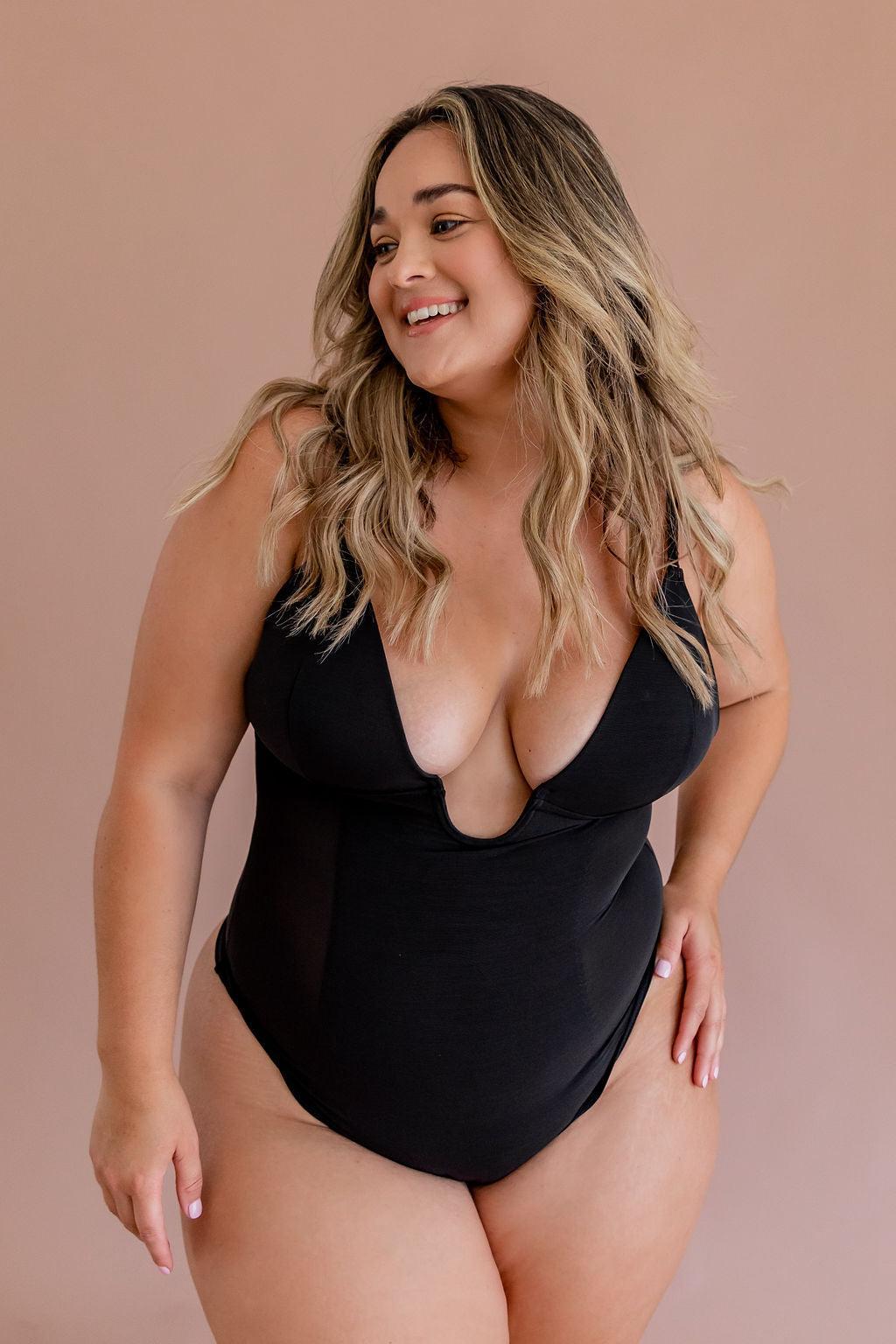 Plunge Neck Shaper Black - Bodysuit - Naked Curve