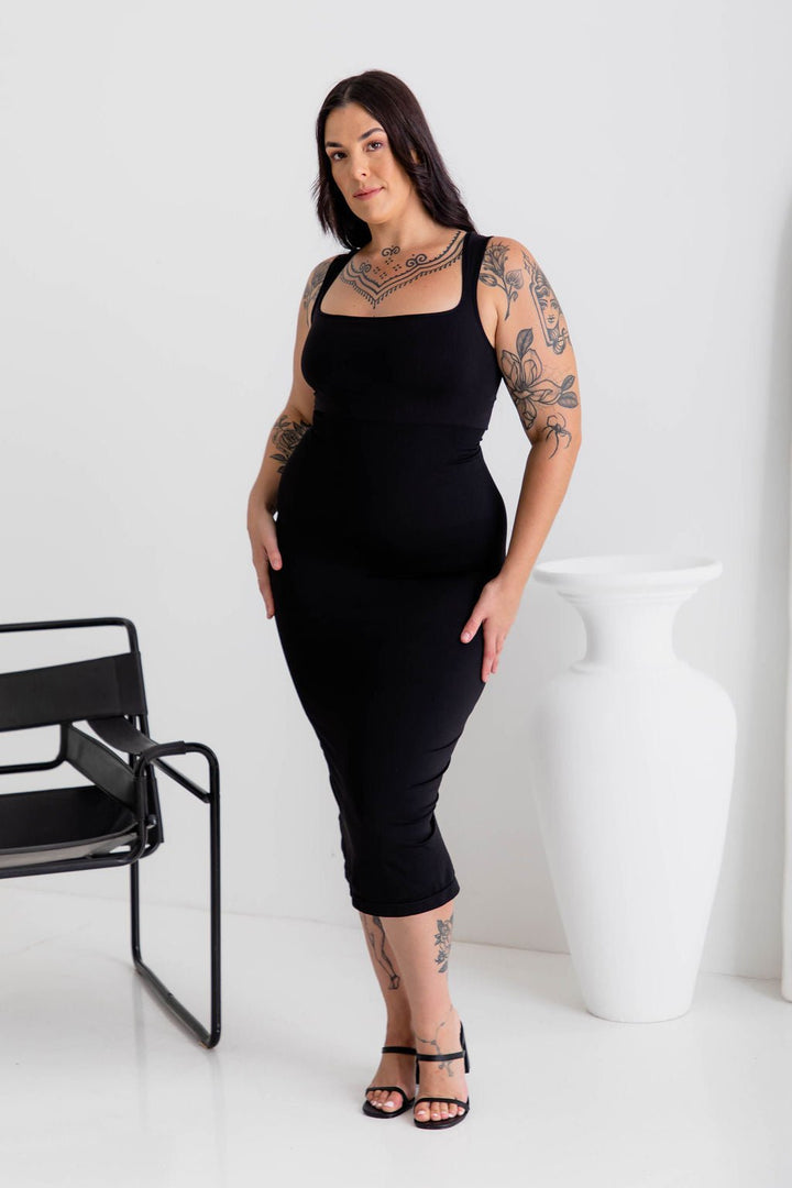 Square Cut Midi Black Shaper Dress - Bodysuit - Naked Curve