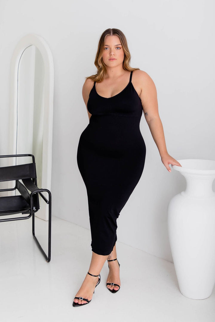 Thin Strap Maxi Shaper Dress Black - Bodysuit - Naked Curve